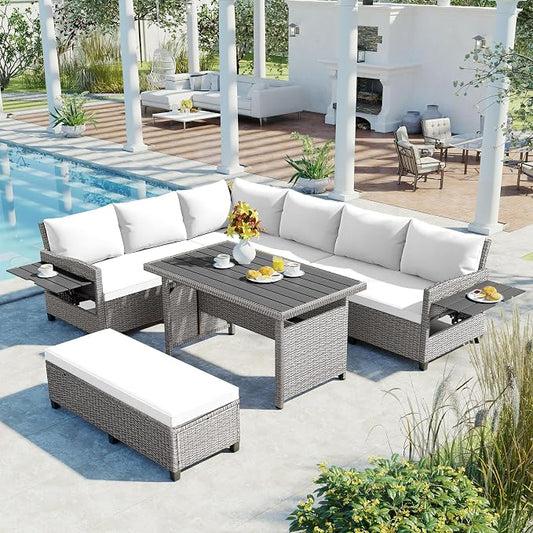 GDFStudio Brava Patio 5-Piece Conversation Set, Outdoor Rattan Sectional Sofa Set with Extendable Side Tables, Dining Table and Bench, L Shaped PE Wicker Furniture Set for Garden, Poolside, White
