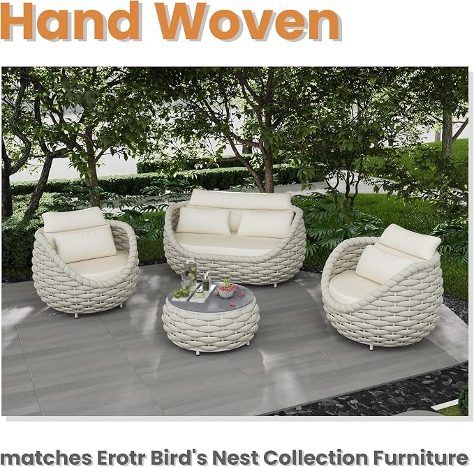 Short Round Patio Side Table: Assembled Hand Woven Rope Accent Tables - Aluminum Outdoor Coffee Table Modern - Metal Porch Furniture for 176lbs Deck Pool Garden Balcony Hotel φ25.6''/65cm, Beige