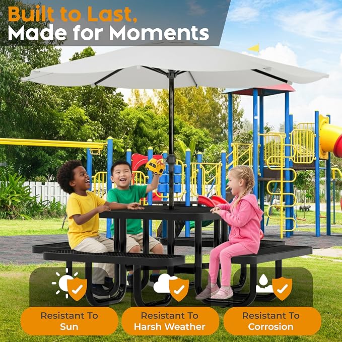 Square Metal Picnic Tables for Kids for Outdoors with Umbrella Hole, Adjustable Seats for School, Park, Playground (Black, 38 in, Kids, Square)