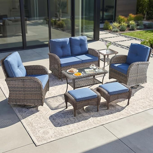 7 Piece Patio Furniture Set - Wicker Patio Conversation Set with Swivel Glider, Glider Loveseat, Tempered Glass Side Table and 2 Ottomans for Deck Backyard - Brown Wicker Blue Cushion