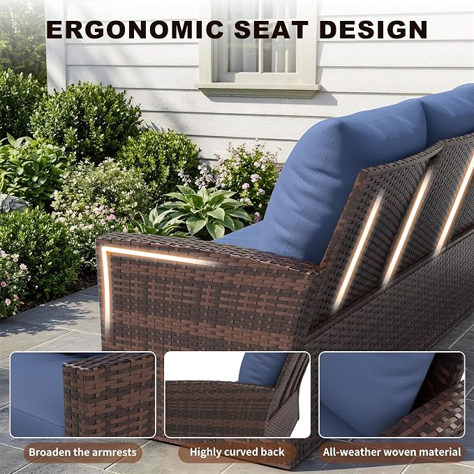 UDPATIO Patio Furniture Set, Outdoor Furniture Sets with Loveseats Sofa, Wicker Rattan Outdoor Conversation Set with Storage CoffeeTable for Backyard, Deck, Porch,Brown/Blue