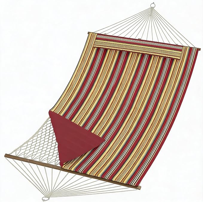 Double Quilted 2 Person Hammock – 12FT Outdoor Freestanding Garden Hammock, Wooden Spreader Bar, Removable Pillow, Storage Pocket, 450lbs Capacity, Cotton Rope & Padded Polyester