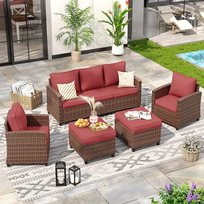 Outdoor Furniture Set, 5 Pcs Wicker Patio Couch with Chairs, Ottomans and Thick Cushions, All Weather Wicker Rattan Patio Conversation Set,Wine Red