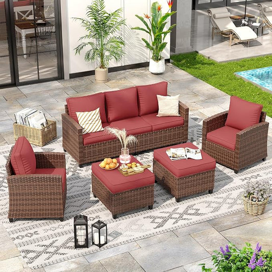 Outdoor Furniture Set, 5 Pcs Wicker Patio Couch with Chairs, Ottomans and Thick Cushions, All Weather Wicker Rattan Patio Conversation Set,Wine Red