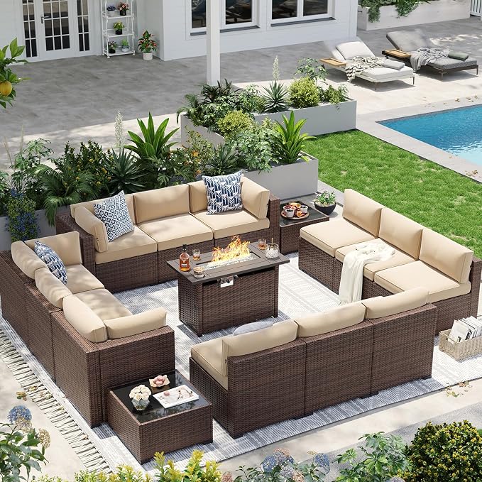 Aoxun Patio Furniture Sets, 15-Piece Outdoor Patio Furniture with 44'' Propane Gas Firepit Table, Wicker Outdoor Conversation Set Sectional Sofa for Backyard, Poolside, Garden