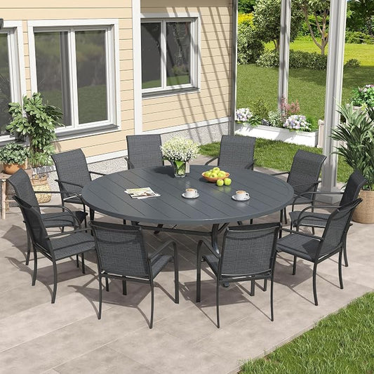 VICLLAX 11 Pieces Patio Outdoor Dining Set, 63" Round Metal Table with Umbrella Hole and 10 Stackable Textilene Chairs for Patio, Lawn, Garden, Porch, Dark Grey/Grey