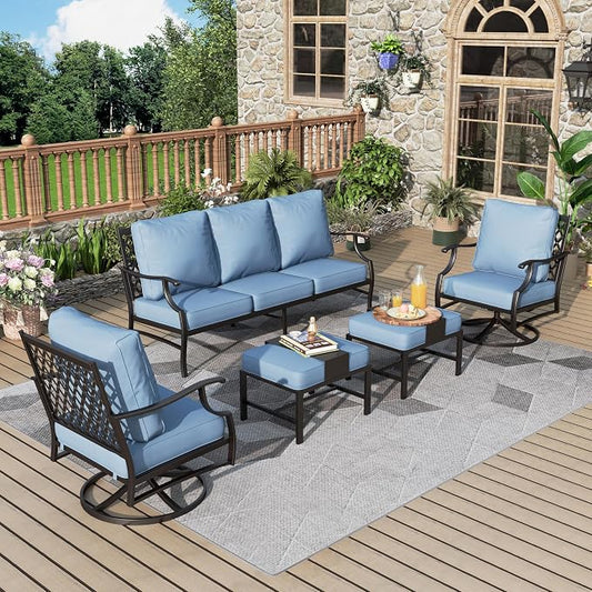 MIXPATIO Patio Furniture Set 5 pcs, Outdoor Patio Furniture, 3-Seat Sofa, 2 Swivel Chairs, 2 Ottomans and 5.75" Extra Thick Cushion, Patio Conversation Set for Garden Backyard Deck,Blue