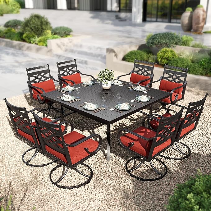 PHI VILLA 9 Piece, Outdoor Dining Set, 57.5" Square Metal Table, Red | Wrought Iron, Swivel Chairs, Cushions, Umbrella Hole, Weather-Resistant
