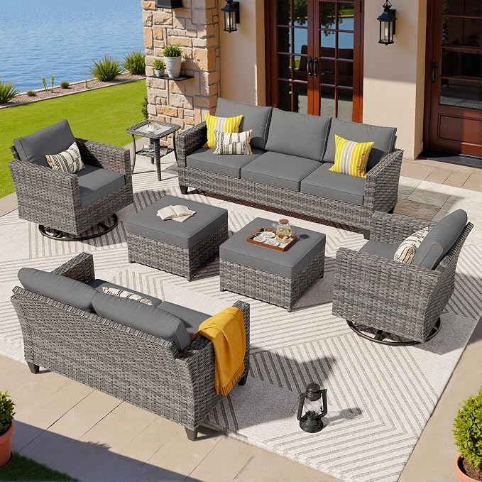ovios 7 Pieces Patio Furniture Set, Outdoor Wicker Sofa Couch with Swivel Chairs, Rocking Glider Rocker with Comfy Cushions All Weather Rattan Conversation Set, Dark Grey