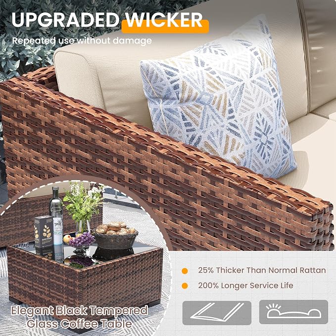 UDPATIO Patio Furniture Set with 44'' Fire Pit Table, 8 PCS Outdoor Sectional Furniture Sets, Slanted Back Outdoor Conversation Set PE Rattan Sofa for Porch W/Coffee Table,Khaki