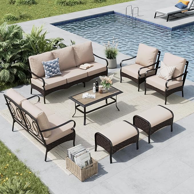 MFSTUDIO 7 PCS Outdoor Patio Furniture Set, Metal Outdoor Conversation Set, Rattan Wicker Patio Sectional with 2 x Fixed Single Sofa, 2 and 3-Seat Sofa, 2 x Ottoman, 1 x Coffee Table, Beige