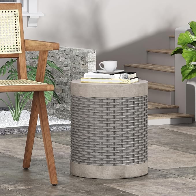Outdoor Side Table 15.75" Cylindrical Shape Lightweight Concrete-Look Outdoor Indoor Accent Table Decorative Garden Stools, for Patio Porch Living Room, Dark Grey