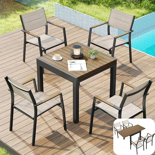 5 Piece Outdoor Dining Set, Expandable Outdoor Patio Dining Table Set for 4-6 Person, Aluminum Outdoor Table and 4 Chairs with Textilene Fabric & Armrest for Patio, Garden, Lawn, Deck(Brown)