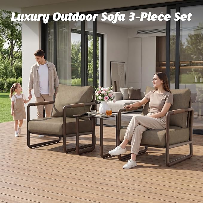Outdoor Aluminum Patio Furniture Set, 3 Pieces Conversation Set with 6.5 Inch Cushions and Coffee Table, All-Weather Rust-Resistant Frame Conversation Set for Porch, Garden, Backyard, Brown