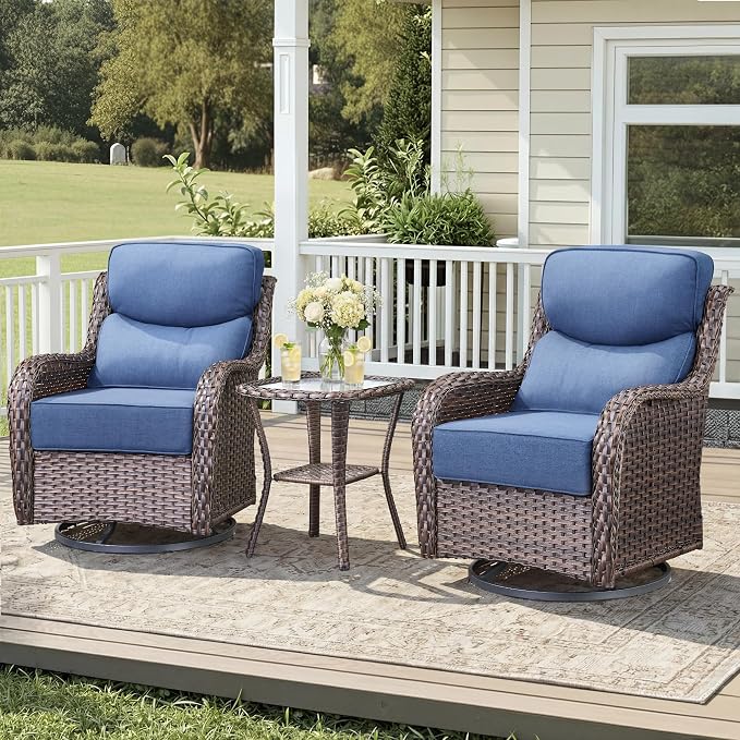 Luxury Outdoor Swivel Rocker Patio Chairs-3 Piece Wicker Patio Rocking Chairs Set of 2 with Glass Side Table 6" Thick Cushions High Back Outdoor Furniture Sets for Deck Porch Balcony(Brown/Blue)