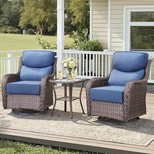 Luxury Outdoor Swivel Rocker Patio Chairs-3 Piece Wicker Patio Rocking Chairs Set of 2 with Glass Side Table 6" Thick Cushions High Back Outdoor Furniture Sets for Deck Porch Balcony(Brown/Blue)