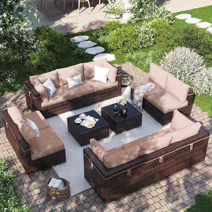 Patio Furniture Set, Modular 12-Piece Patio Conversation Sets with Coffee Table, All-Weather Wicker Outdoor Sectional for Backyard and Balcony, Grey (Waterproof Covers Included)