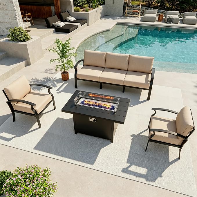 Aluminum Outdoor Patio Furniture Set,4 Pieces 5 Seats Patio Conversation Sets with 45" Propane Fire Pit Table,Metal Patio Sectional Furniture Set with Thick Cushion,Sand