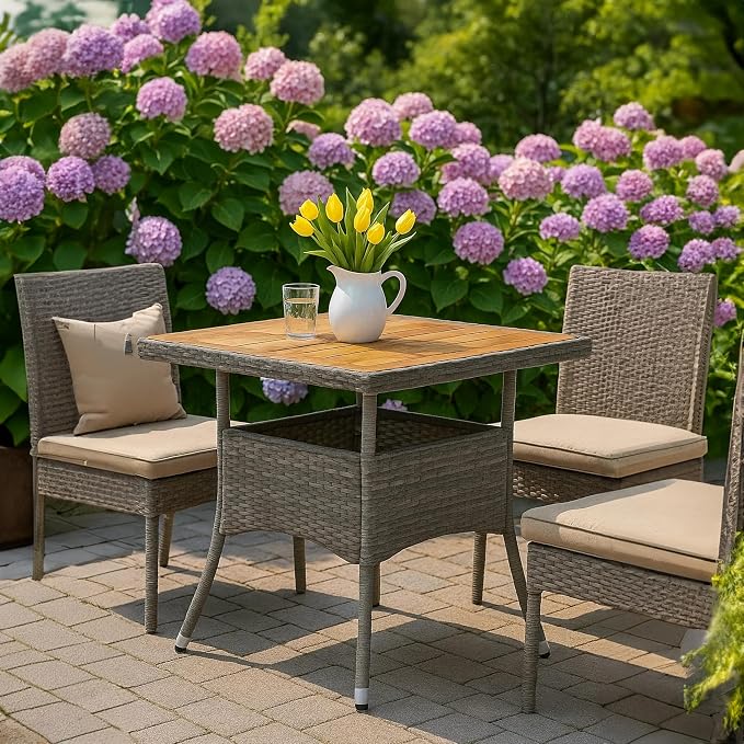 Benzara Biwo Outdoor Dining Table, Gray Wicker Rattan, 32 Inch Brown Wood Top