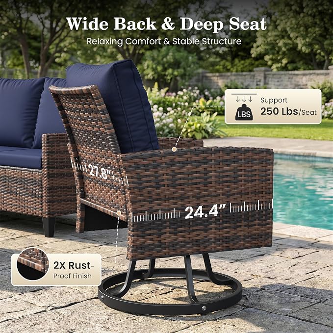 Amopatio Outdoor Patio Furniture Set, 6 Pieces Conversation Sofa with 360° Swivel Chairs, All Weather Wicker Outdoor Furniture for Backyard Garden Pool Deck,Blue