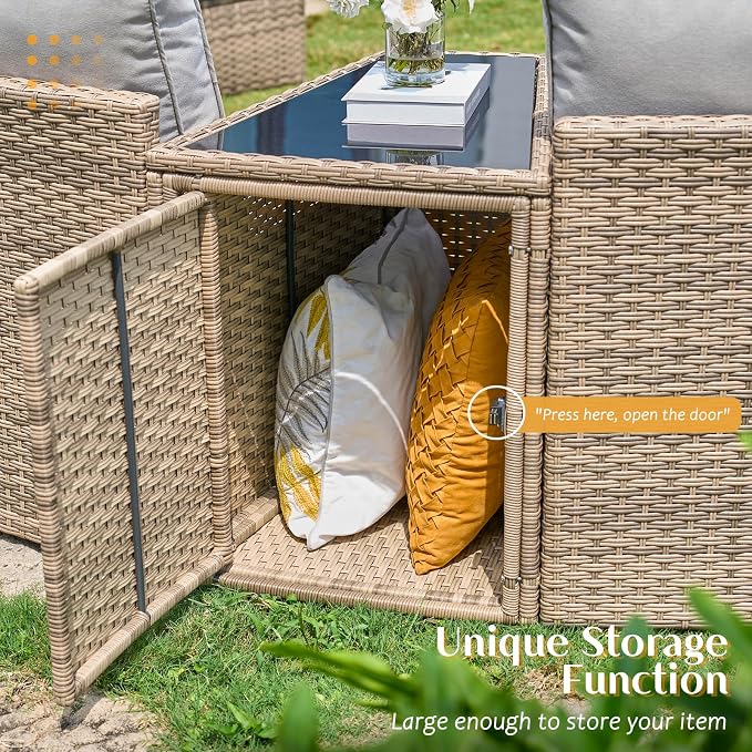 PaPaJet Rattan PE Patio Storage Side Table Sofa Wedge End Table with Tempered Glass Top, Outdoor Wicker Sectional Arm Table, Brown