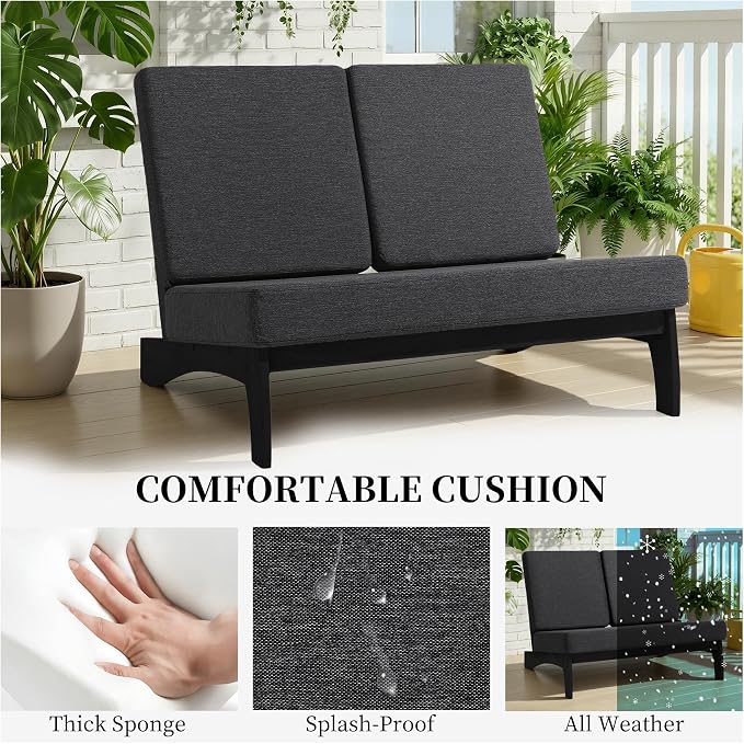 All Weather Patio Furniture Sets, 3 Pieces Black Wood Patio Loveseat Sofa Outdoor Sectional Futniture Backyard Conversation Set with Solid Wooden Coffee Table - Dark Gray