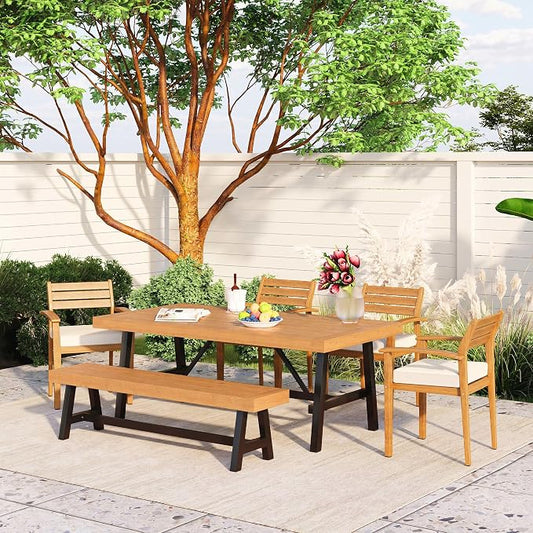 6-Pcs Outdoor Patio Dining Table & Chair & Bench Set for 6, Wooden Outdoor Dining Table Set with Removable Cushion, 6-Pcs, Wood