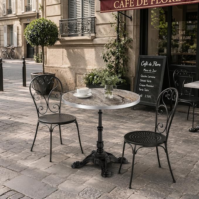 31.5" Outdoor Dining Table, Square Bistro Table w/Sintered Stone Tabletop | and Cast Iron Base, Weather Resistant Small Bistro Table for 2-4 for Outdoor Garden Café Use (Smoke Brown Marble)