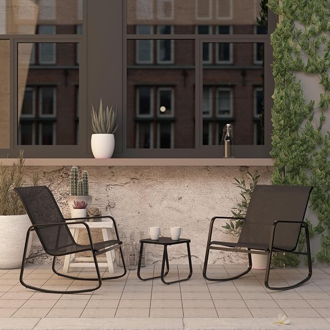 Ainfox 3 Piece Patio Outdoor Furniture Set, Textilene Fabric Patio Conversation Bistro Set with Rocking Bistro Chairs and Table, Small Patio Furniture Set for Backyard, Lawn, Garden, Poolside