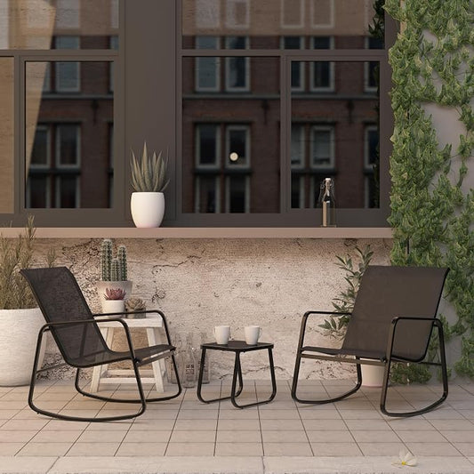 Ainfox 3 Piece Patio Outdoor Furniture Set, Textilene Fabric Patio Conversation Bistro Set with Rocking Bistro Chairs and Table, Small Patio Furniture Set for Backyard, Lawn, Garden, Poolside