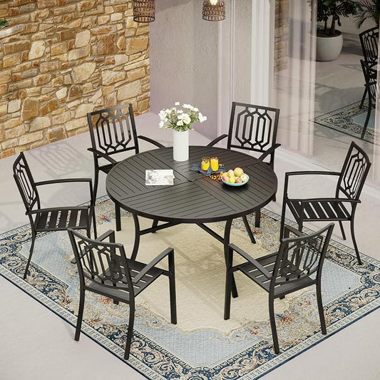 MFSTUDIO Round Patio Table and Chairs Set, Outdoor Dining Set for 6 with Umbrella Hole, Metal Patio Furniture Dining Set for Deck Backyard Poolside Garden