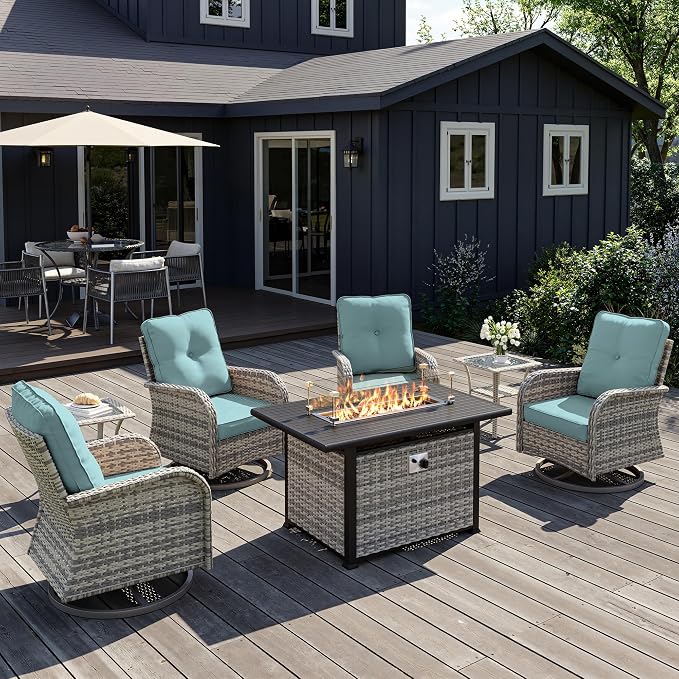 7Pcs Patio Rocking Swivel Chair with 55,000 BTU Fire Pit Table Outdoor Wicker Rattan Bistro Set with Tempered Glass Side Table, Outdoor Patio Furniture Set for Garden and Balcony, Light Blue