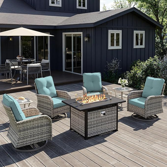 7Pcs Patio Rocking Swivel Chair with 55,000 BTU Fire Pit Table Outdoor Wicker Rattan Bistro Set with Tempered Glass Side Table, Outdoor Patio Furniture Set for Garden and Balcony, Light Blue