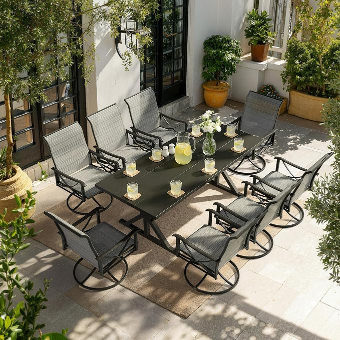 Kurapika 7-Piece Patio Dining Set, Outdoor Cross-Legged Large-Top Table with Umbrella Hole and 8 Swivel/Rocking Chairs, Patio Furniture Set for Garden, Deck, Brown
