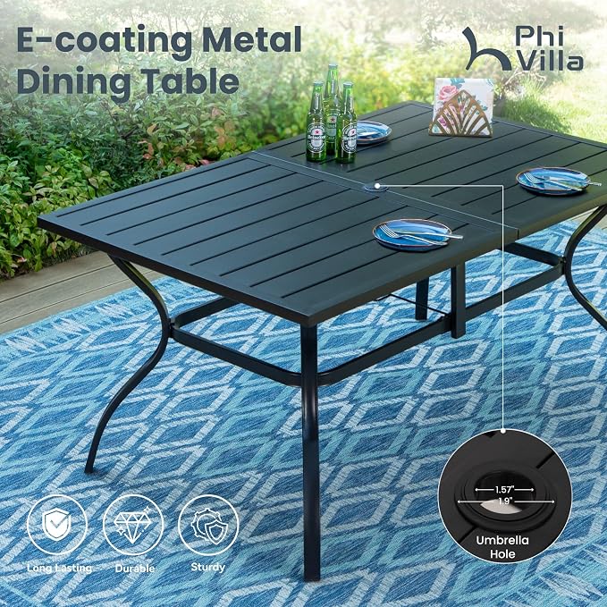 PHI VILLA Patio Dining Set with 13ft Umbrella for 6, Swivel Mesh Chairs | 60'' metal rectangular table, 6 brown outdoor textilene chairs and 13ft beige umbrella(NO BASE) for deck, garden, backyard