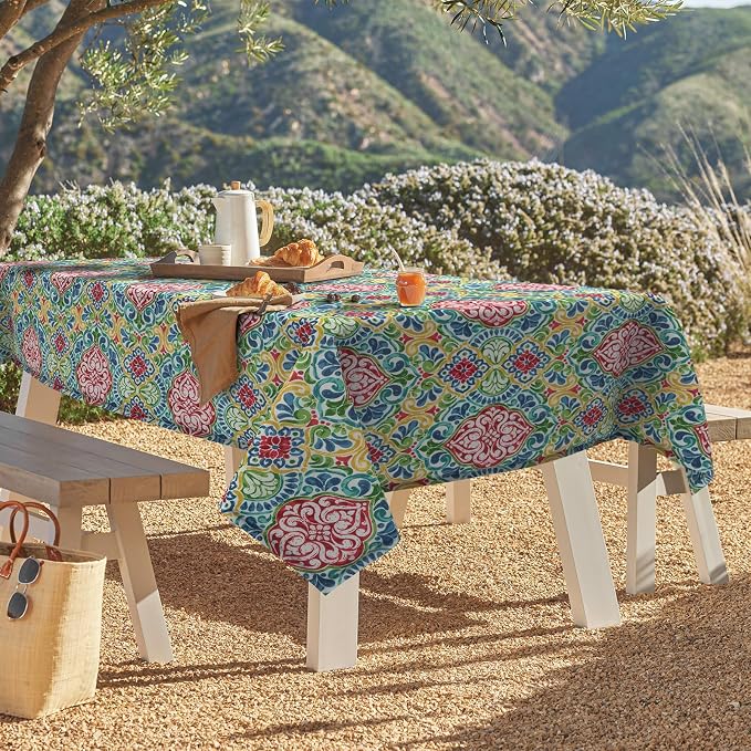 DYTXIII Outdoor Rectangle Tablecloth with Umbrella Hole and Zipper 84" x 60", Water Repellent Floral Picnic Cover, Fade & Wrinkle Resistant Tablecloth for Patio/Garden/Party Table, Damask Red