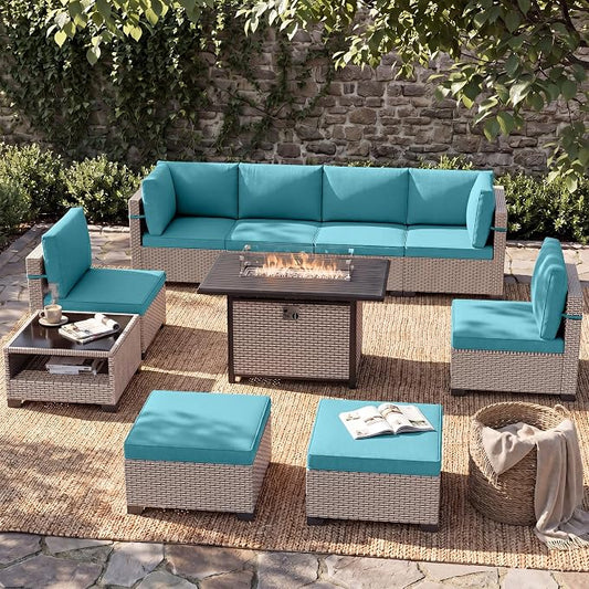 Patio Furniture Set, 10-Piece Outdoor Sectional Sofa with 60,000 BTU Fire Pit Table & Ottomans, Wicker Patio Conversation Set with Coffee Table, Cyan Cushions