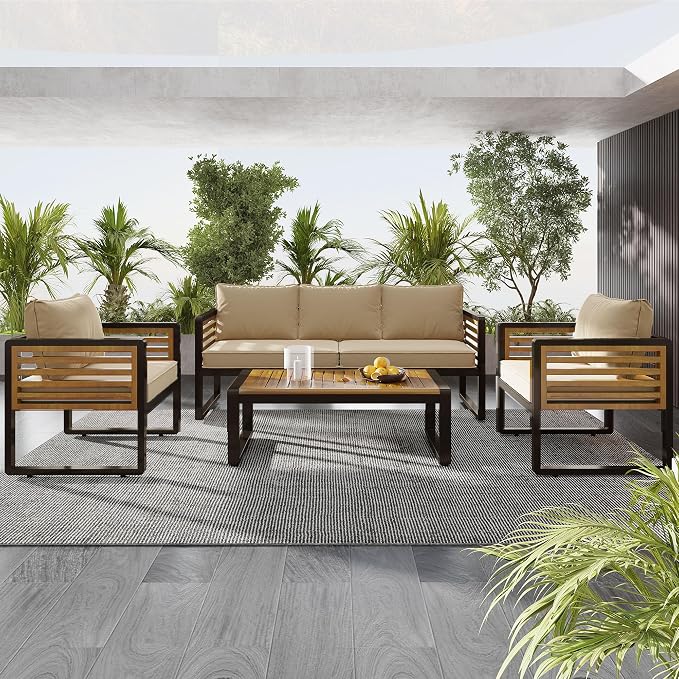 Large 4-Piece Outdoor Patio Sofa Set for 5 People,Garden Conversation Set with Removable Cushions,Metal & Wood Frame,Acacia Wood Tabletop,Modern Minimalist Design,Waterproof and UV-Proof, Brown