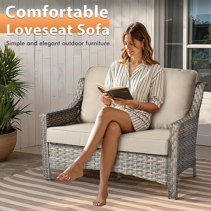 Outdoor Patio Furniture Sets, 5 PCS Patio Conversation Set Outside Rattan Sofa with 54 in Fire Pit Table Comfy Cushions Fit Backyard Porch Garden Poolside Balcony,Beige