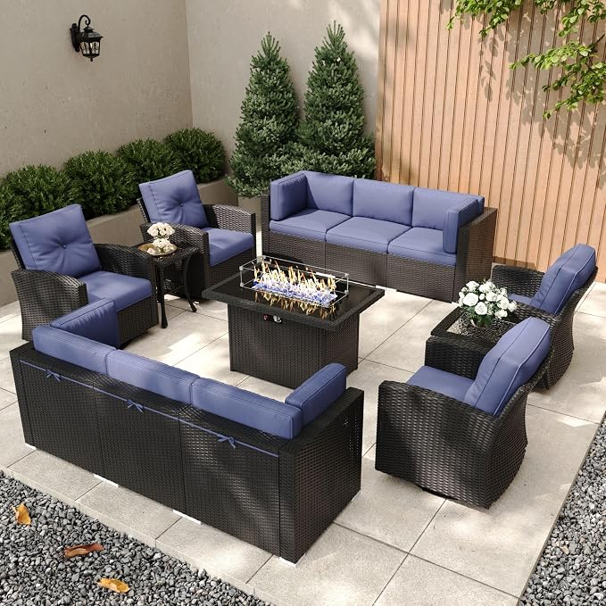 Patio Furniture Set with Fire Pit Table, 13 Pieces Outdoor All-Weather Wicker Conversation Sectional Chair Sofa Set with 4 Swivel Chairs