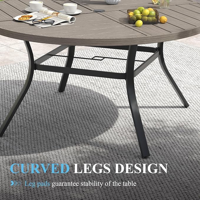 VICLLAX 50" Round Patio Table with Umbrella Hole, All Weather Metal Outdoor Dining Table for 6, Outside Table with Storage Shelf for Lawn Garden, Grey Wood-Grain Finish