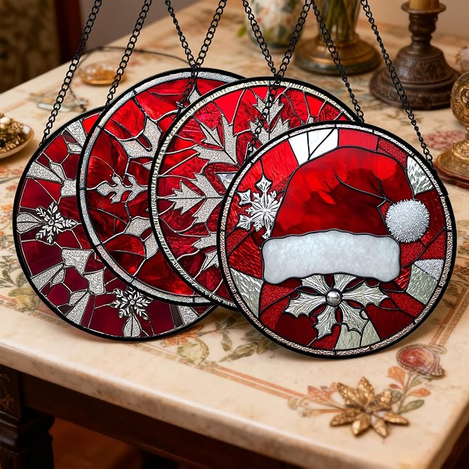 DASTOLL Stained Glass Window Hanging 4 Pcs Set Red Christmas Decorations Theme 9.8" - Suncatcher Door Garden Sun Catcher Decor Birthday for Mom Woman Nana Men Friend Wife