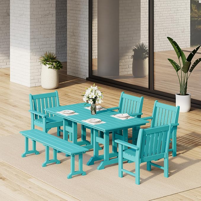 Costaelm Outdoor Dining Chairs with Arms Set of 4, Patio Dining Table Chair, HDPE Poly Lumber Waterproof Restaurant Bistro Farmhouse Chairs for Outside Porch Backyard Garden, Turquoise