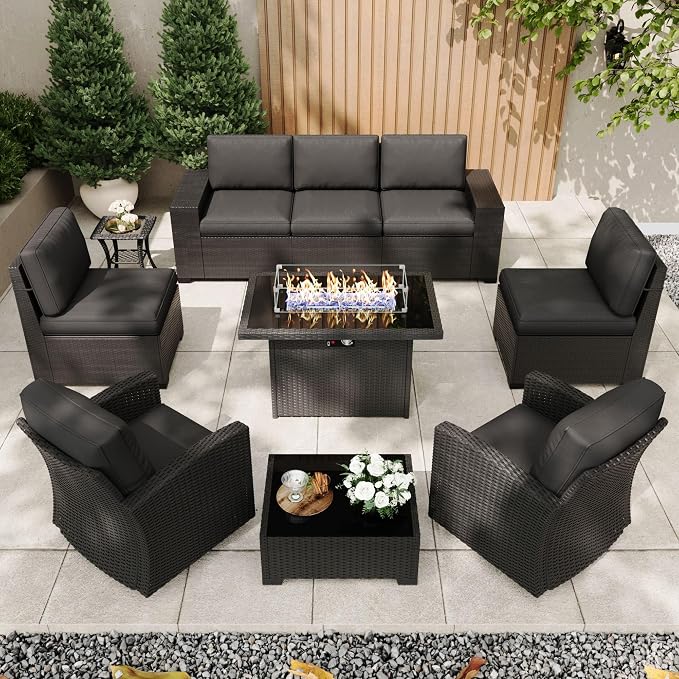 Patio Furniture Set with Fire Pit Table, 10 Pieces Outdoor All-Weather Wicker Conversation Sectional Chair Sofa Set with 2 Swivel Chairs