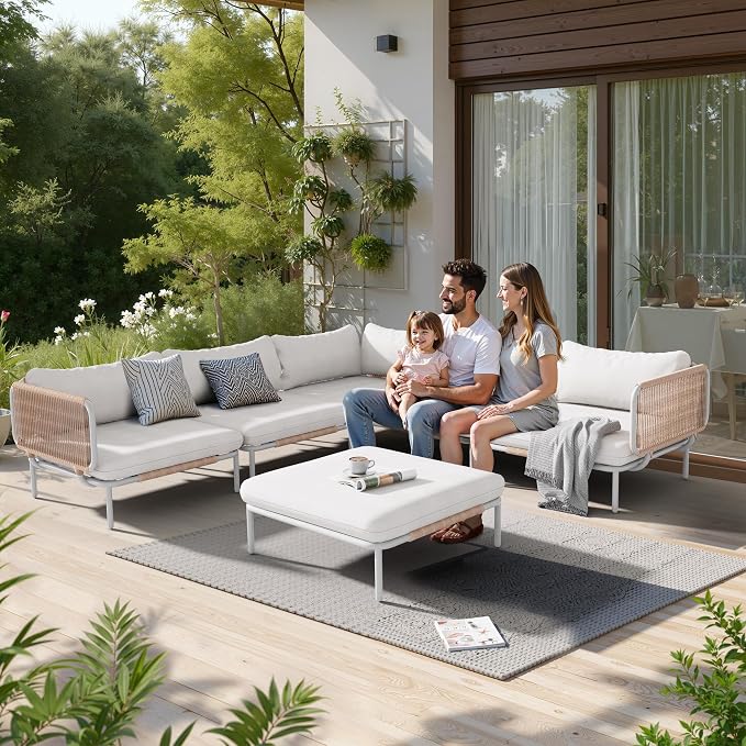 Patio Furniture Set, Outdoor Patio Furniture Oversized Metal Single Sofa, 4-seat Conversation Set with Cushion for Indoor and Outdoor, White Frame and Beige Mat, （4Seats 4 Armrests）