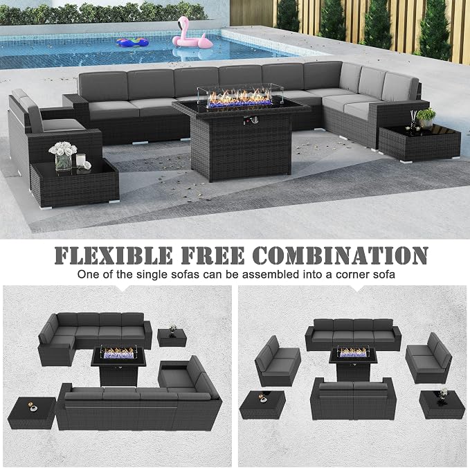 13 Pieces Patio Furniture Set with 44" Propane Gas Fire Pit Table, Outdoor Sectional Wicker Conversation Sofa Sets with Coffee Table