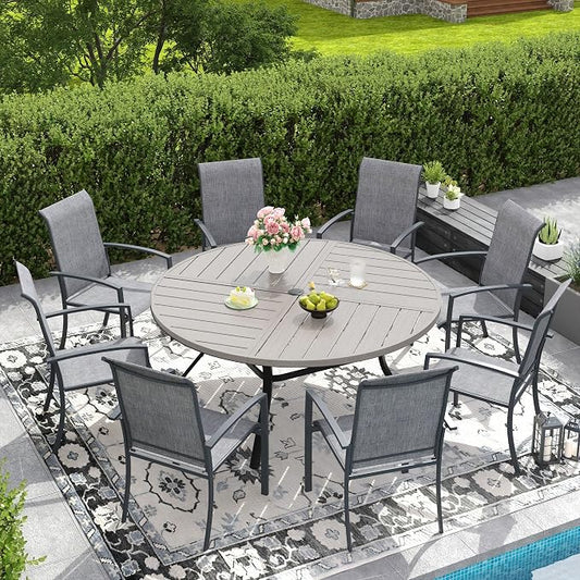 DIFY 9 Pieces Outdoor Dining Set, Metal Patio Table and Chairs Set for 8 with Umbrella Hole, 53.1" Round Dining Table and Textilene Stackable Patio Chairs for Garden Backyard Poolside, Grey Wood-Like