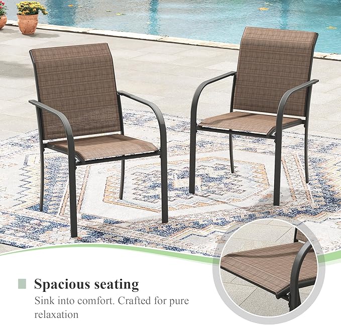 Patio Table and Chairs Set for 6, Outdoor Dining Set with 6 Stackable Dining Chairs and 63"x 37.8" Metal Steel Rectangle Dining Table for Backyard, Deck, Lawn, Garden, Brown & Walnut