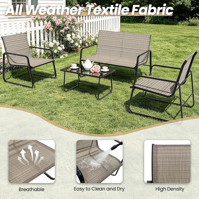 Gotland 4-Piece Outdoor Patio Furniture Set, Textilene Fabric Metal Patio Conversation Set with Loveseat 2 Chairs Tempered Glass Coffee Table, Patio Set for Backyard, Lawn, Porch, Pool, Garden, Brown