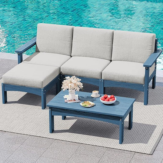 SERWALL 5-Piece Patio Sofas, All-Weather HDPE Outdoor Sectional Sofa with Cushions and Coffee Table, Large Modular Patio Conversation Set for Garden, Lawn, Deck, Porch, Blue Frame with Khaki Cushion
